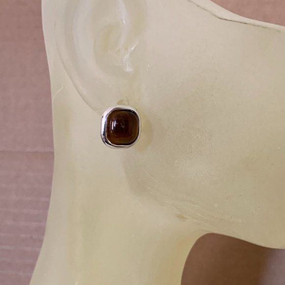 NWOT Silver & Square Genuine Tiger Eye "Stud" Earrings - Picture 3 of 6